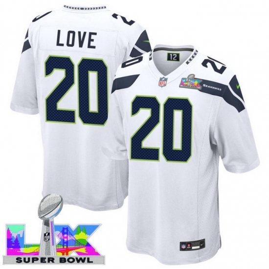 Personalized Men’s Seattle Seahawks #20 Julian Love White 2025 2026 Super Bowl LX F U S E Stitched Jersey