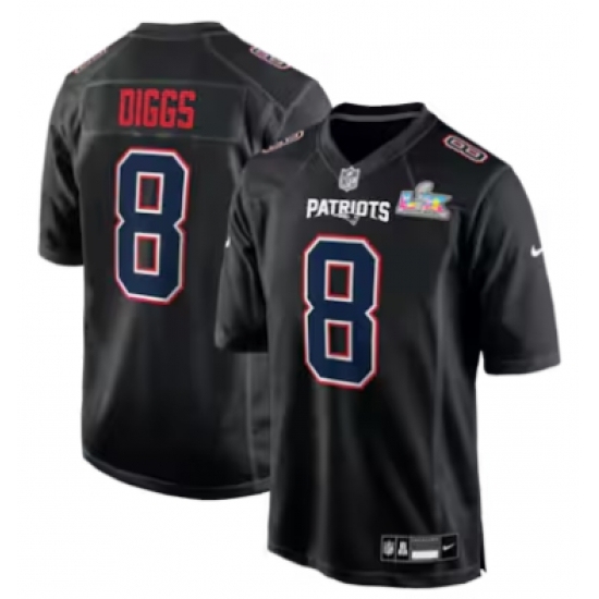 Personalized Men’s New England Patriots #8 Stefon Diggs Black Super Bowl LX Carbon Fashion Game Jersey