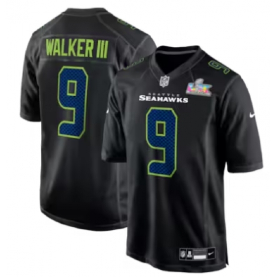Personalized Men’s Seattle Seahawks #9 Kenneth Walker III Black Super Bowl LX Carbon Fashion Game Jersey