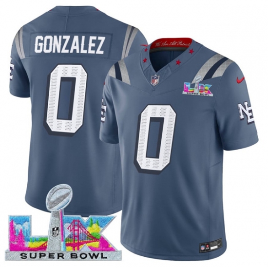 Personalized Men’s New England Patriots #0 Christian Gonzalez Storm Blue 2025 F.U.S.E. Super Bowl LX Rivalries Limited Football Stitched Jersey