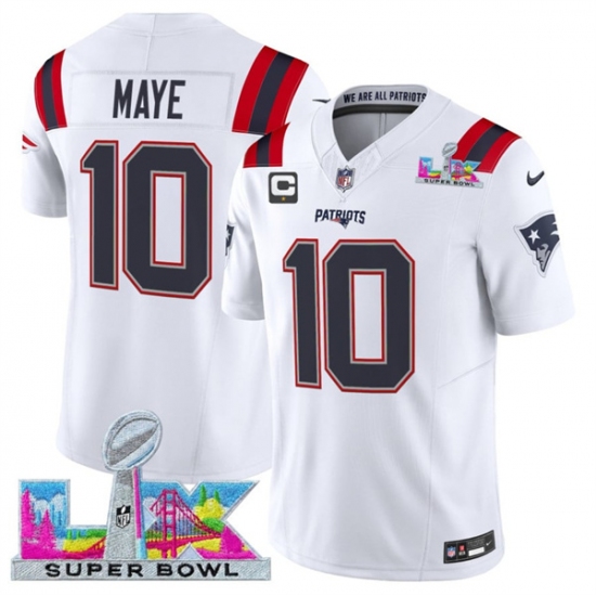 Personalized Men’s New England Patriots #10 Drake Maye White 2025 F.U.S.E. Super Bowl LX And 1-Star C Limited Football Stitched Jersey