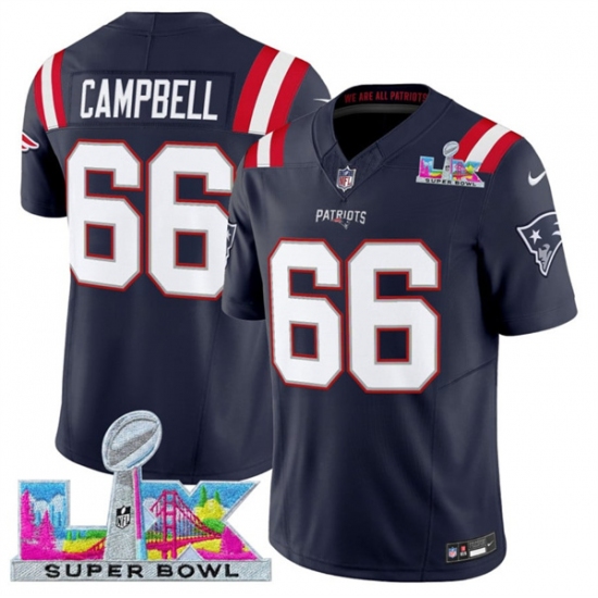 Personalized Men’s New England Patriots #66 Will Campbell Navy 2025 F.U.S.E. Super Bowl LX Limited Football Stitched Jersey