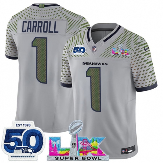 Personalized Men’s Seattle Seahawks #1 Pete Carroll Gray 2025 F.U.S.E. Super Bowl LX And 50th Season Rivalries Limited Football Stitched Jersey