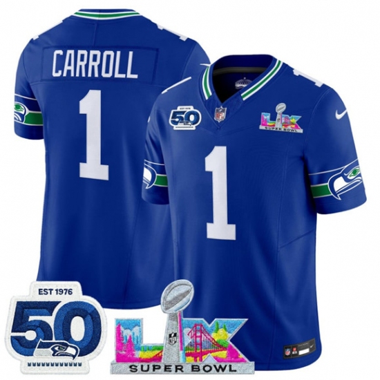 Personalized Men’s Seattle Seahawks #1 Pete Carroll Royal 2025 F.U.S.E. Super Bowl LX And 50th Season Throwback Limited Football Stitched Jersey