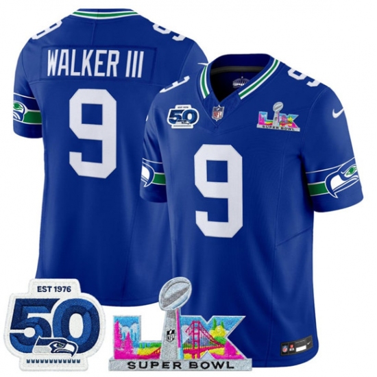 Personalized Men’s Seattle Seahawks #9 Kenneth Walker III Royal 2025 F.U.S.E. Super Bowl LX And 50th Season Throwback Limited Football Stitched Jersey