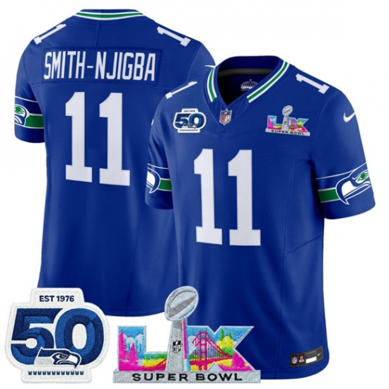 Personalized Men’s Seattle Seahawks #11 Jaxon Smith-Njigba Royal 2025 F.U.S.E. Super Bowl LX And 50th Season Throwback Limited Football Stitched Jersey