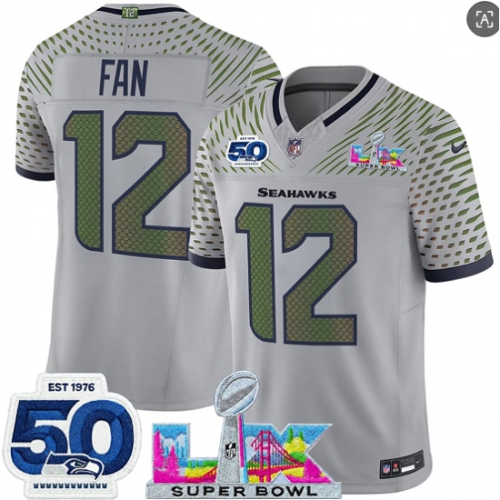 Personalized Men’s Seattle Seahawks #12 Fan Gray 2025 F.U.S.E. Super Bowl LX And 50th Season Rivalries Limited Football Stitched Jersey