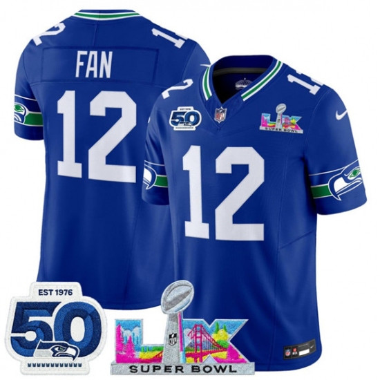 Personalized Men’s Seattle Seahawks #12 Fan Royal 2025 F.U.S.E. Super Bowl LX And 50th Season Throwback Limited Football Stitched Jersey