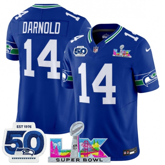 Personalized Men’s Seattle Seahawks #14 Sam Darnold Royal 2025 F.U.S.E. Super Bowl LX And 50th Season Throwback Limited Football Stitched Jersey
