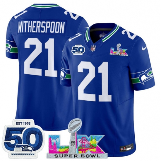 Personalized Men’s Seattle Seahawks #21 Devon Witherspoon Royal 2025 F.U.S.E. Super Bowl LX And 50th Season Throwback Limited Football Stitched Jersey