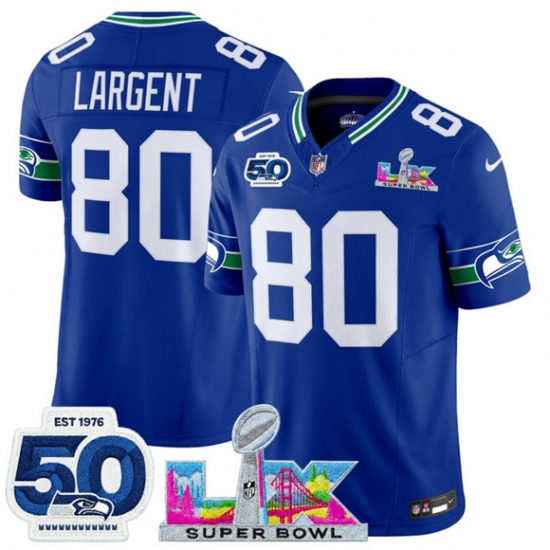 Personalized Men’s Seattle Seahawks #80 Steve Largent Royal 2025 F.U.S.E. Super Bowl LX And 50th Season Throwback Limited Football Stitched Jersey