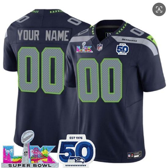 Personalized Men’s Seattle Seahawks Active Player Navy 2025 F.U.S.E. Super Bowl LX Patch And 50th Season Patch Limited Stitched Jersey