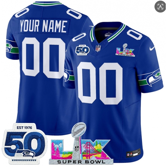 Personalized Men’s Seattle Seahawks Active Player Royal 2025 F.U.S.E. Super Bowl LX Patch And 50th Season Patch Throwback Limited Football Stitched Jersey