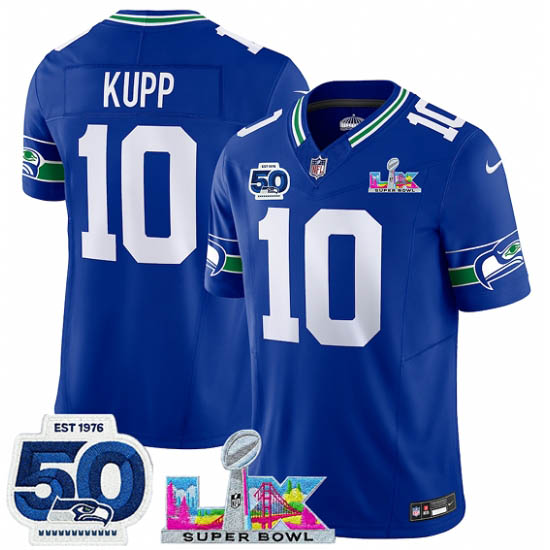 Personalized Men’s Seattle Seahawks#10 Cooper Kupp Royal 2025 F.U.S.E. Super Bowl LX And 50th Season Throwback Limited Football Stitched Jersey