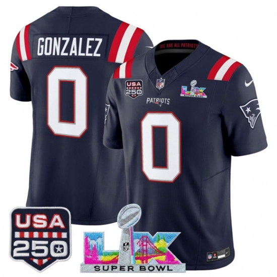 Personalized Men’s New England Patriots #0 Christian Gonzalez Navy 2025 F.U.S.E. Super Bowl LX And USA 250 Limited Football Stitched Jersey