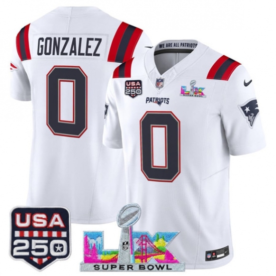Personalized Men’s New England Patriots #0 Christian Gonzalez White 2025 F.U.S.E. Super Bowl LX And USA 250 Limited Football Stitched Jersey