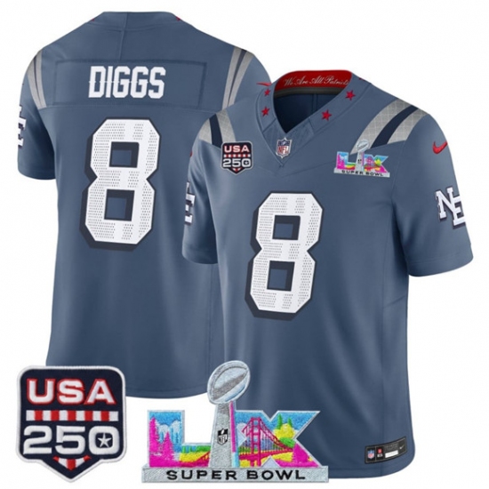 Personalized Men’s New England Patriots #8 Stefon Diggs Storm Blue 2025 F.U.S.E. Super Bowl LX and USA 250 Rivalries Limited Football Stitched Jersey