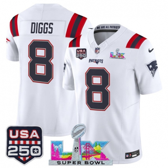 Personalized Men’s New England Patriots #8 Stefon Diggs White 2025 F.U.S.E. Super Bowl LX And USA 250 Limited Football Stitched Jersey