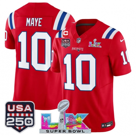 Personalized Men’s New England Patriots #10 Drake Maye Red 2025 F.U.S.E. 1-Star C And Super Bowl LX and USA 250 Limited Football Stitched Jersey