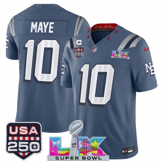 Personalized Men’s New England Patriots #10 Drake Maye Storm Blue 2025 F.U.S.E. 1-Star C And Super Bowl LX and USA 250 Rivalries Limited Football Stitched Jersey