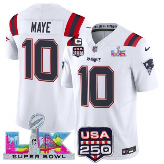Personalized Men’s New England Patriots #10 Drake Maye White 2025 F.U.S.E. Super Bowl LX USA 250 Limited Football Stitched Jersey