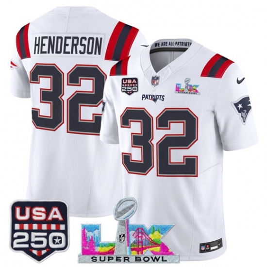 Personalized Men’s New England Patriots #32 TreVeyon Henderson White 2025 F.U.S.E. Super Bowl LX And USA 250 Limited Football Stitched Jersey