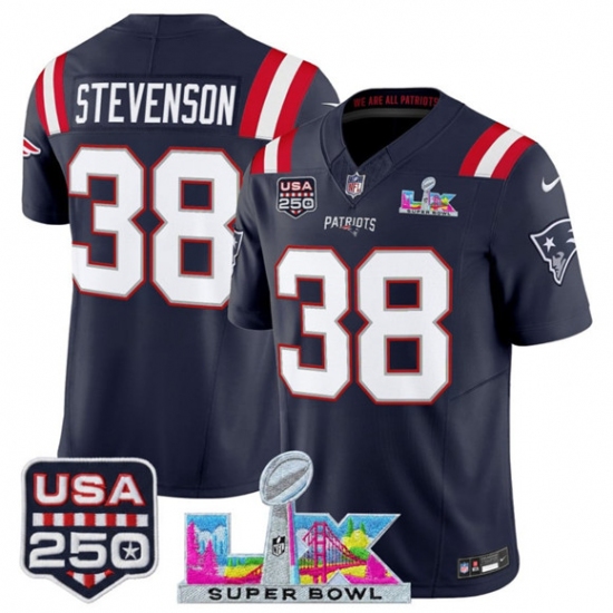 Personalized Men’s New England Patriots #38 Rhamondre Stevenson Navy 2025 F.U.S.E. Super Bowl LX And USA 250 Limited Football Stitched Jersey