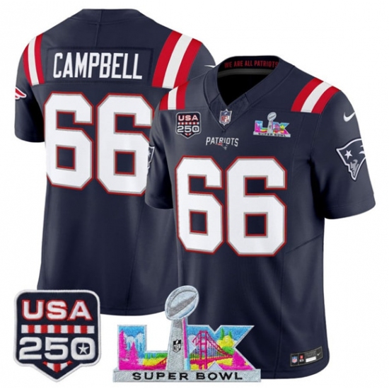 Personalized Men’s New England Patriots #66 Will Campbell Navy 2025 F.U.S.E. Super Bowl LX And USA 250 Limited Football Stitched Jersey