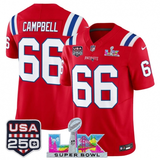 Personalized Men’s New England Patriots #66 Will Campbell Red 2025 F.U.S.E. Super Bowl LX And USA 250 Limited Football Stitched Jersey