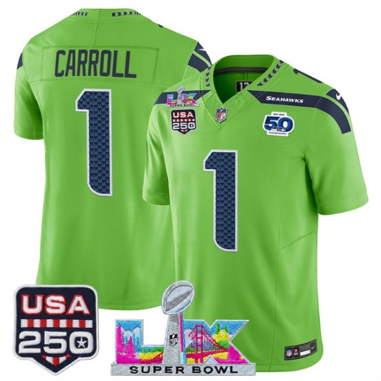 Personalized Men’s Seattle Seahawks #1 Pete Carroll Green 2025 F.U.S.E. Super Bowl LX And 50th Season and USA 250 Limited Football Stitched Jersey