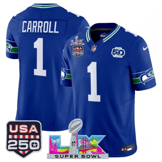 Personalized Men’s Seattle Seahawks #1 Pete Carroll Royal 2025 F.U.S.E. Super Bowl LX And 50th Season and USA 250 Throwback Limited Football Stitched Jersey