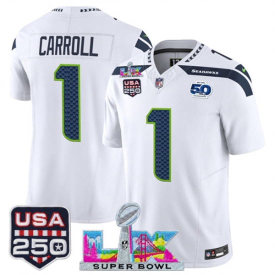 Personalized Men’s Seattle Seahawks #1 Pete Carroll White 2025 F.U.S.E. Super Bowl LX And 50th Season and USA 250 Limited Football Stitched Jersey