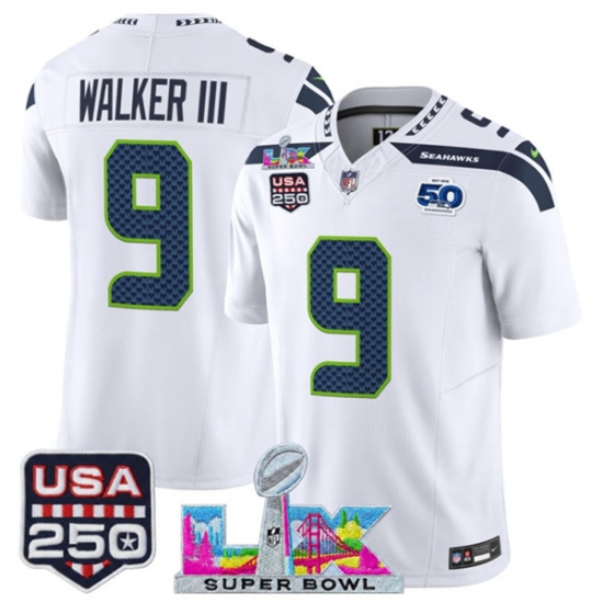 Personalized Men’s Seattle Seahawks #9 Kenneth Walker III White 2025 F.U.S.E. Super Bowl LX And 50th Season and USA 250 Limited Football Stitched Jersey