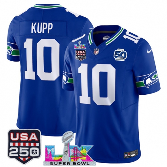 Personalized Men’s Seattle Seahawks #10 Cooper Kupp Royal 2025 F.U.S.E. Super Bowl LX And 50th Season Throwback Limited Football Stitched Jersey