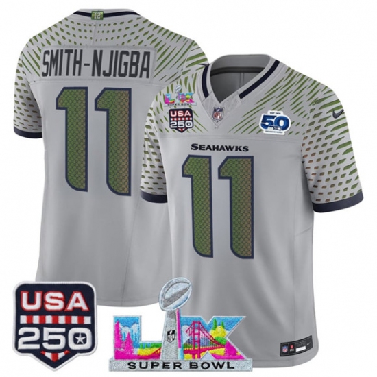 Personalized Men’s Seattle Seahawks #11 Jaxon Smith-Njigba Gray 2025 F.U.S.E. Super Bowl LX and US 250th anniversary And 50th Season Rivalries Limited Football St