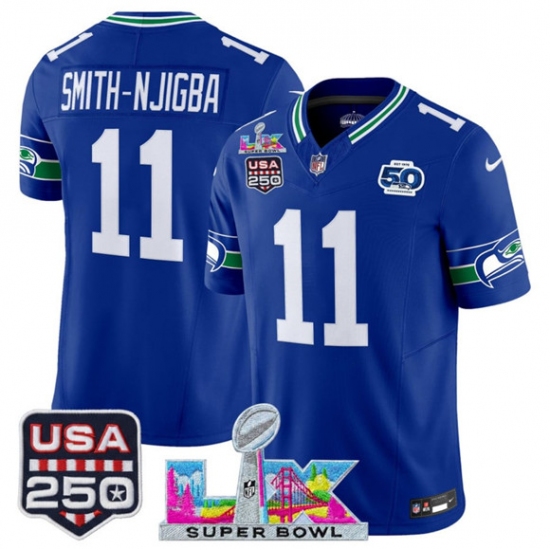 Personalized Men’s Seattle Seahawks #11 Jaxon Smith-Njigba Royal 2025 F.U.S.E. Super Bowl LX And 50th Season and USA 250 Throwback Limited Football Stitched Jersey