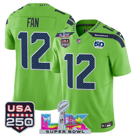 Personalized Men’s Seattle Seahawks #12 Fan Green 2025 F.U.S.E. Super Bowl LX And 50th Season and USA 250 Limited Football Stitched Jersey