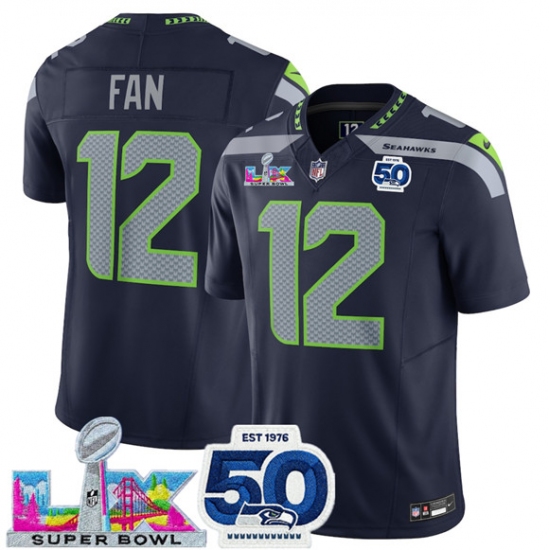 Personalized Men’s Seattle Seahawks #12 Fan Navy 2025 F.U.S.E. Super Bowl LX And 50th Season Limited Football Stitched Jersey