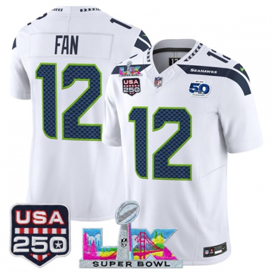 Personalized Men’s Seattle Seahawks #12 Fan White 2025 F.U.S.E. Super Bowl LX And 50th Season and USA 250 Limited Football Stitched Jersey