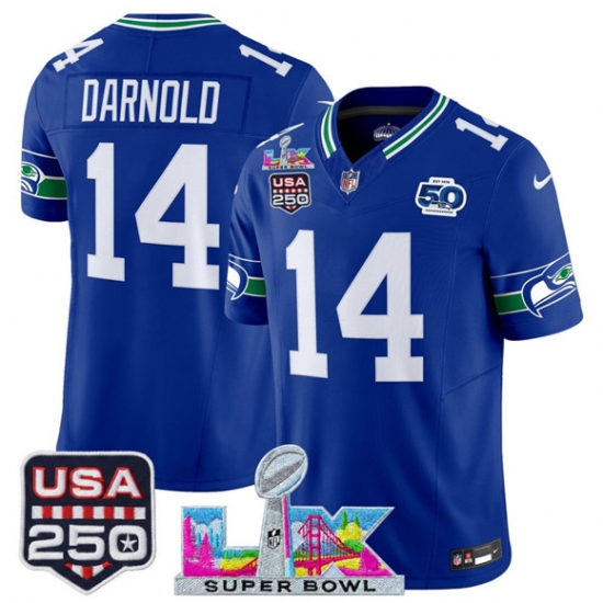 Personalized Men’s Seattle Seahawks #14 Sam Darnold Royal 2025 F.U.S.E. Super Bowl LX And 50th Season and USA 250 Throwback Limited Football Stitched Jersey
