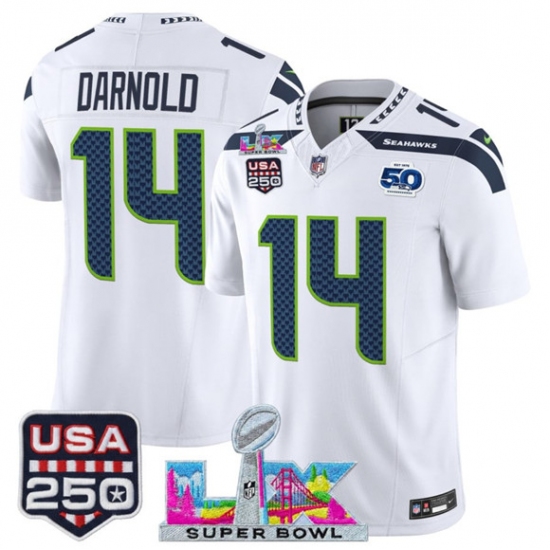 Personalized Men’s Seattle Seahawks #14 Sam Darnold White 2025 F.U.S.E. Super Bowl LX And 50th Season and USA 250 Limited Football Stitched Jersey