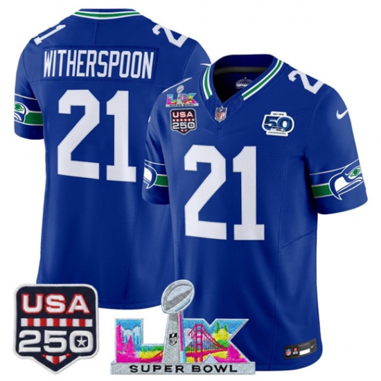 Personalized Men’s Seattle Seahawks #21 Devon Witherspoon Royal 2025 F.U.S.E. Super Bowl LX And 50th Season and USA 250 Throwback Limited Football Stitched Jersey
