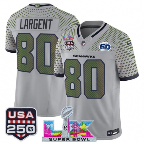 Personalized Men’s Seattle Seahawks #80 Steve Largent Gray 2025 F.U.S.E. Super Bowl LX and US 250th anniversary And 50th Season Rivalries Limited Football Stitched
