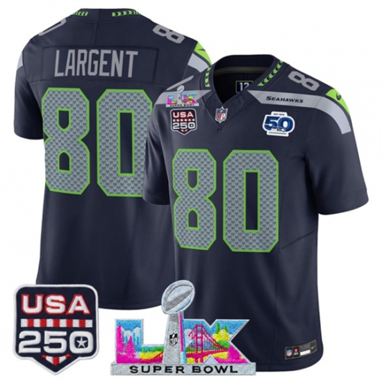 Personalized Men’s Seattle Seahawks #80 Steve Largent Navy 2025 F.U.S.E. Super Bowl LX And 50th Season and USA 250 Limited Football Stitched Jersey