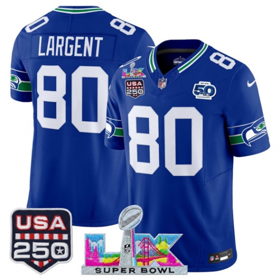 Personalized Men’s Seattle Seahawks #80 Steve Largent Royal 2025 F.U.S.E. Super Bowl LX And 50th Season and USA 250 Throwback Limited Football Stitched Jersey
