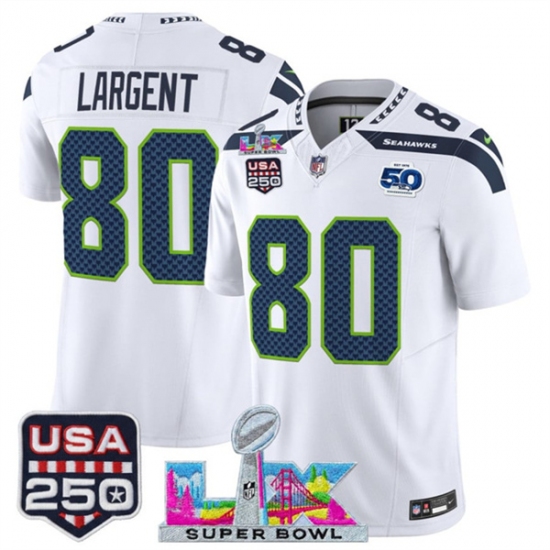 Personalized Men’s Seattle Seahawks #80 Steve Largent White 2025 F.U.S.E. Super Bowl LX And 50th Season and USA 250 Limited Football Stitched Jersey