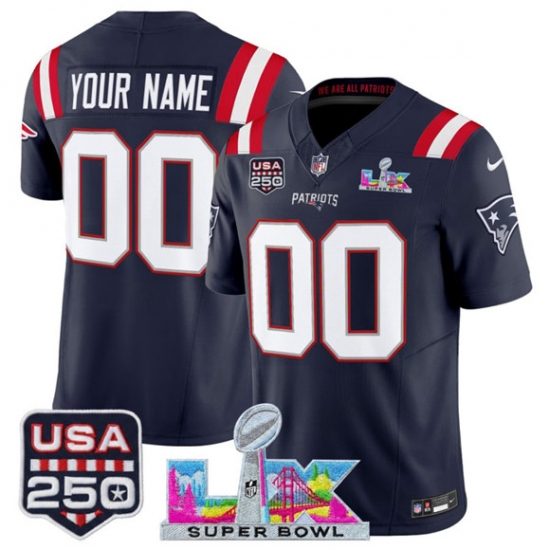 Personalized Men’s New England Patriots Active Player Navy 2025 F.U.S.E. Super Bowl LX and USA 250 Patch Limited Football Stitched Jersey