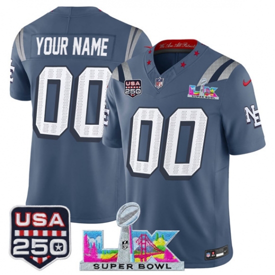Personalized Men’s New England Patriots Active Player Storm Blue 2025 F.U.S.E. Super Bowl LX and USA 250 Patch Rivalries Limited Football Stitched Jersey