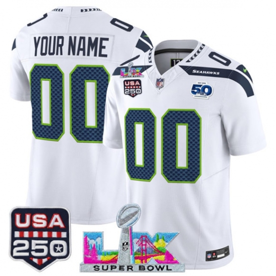 Personalized Men’s Seattle Seahawks Active Player White 2025 F.U.S.E. Super Bowl LX and US 250th anniversary Patch And 50th Season Patch Limited Football Sti