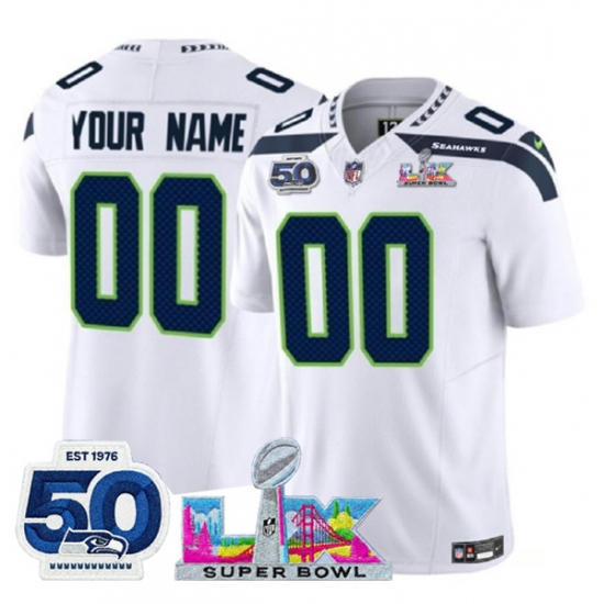 Personalized Men’s Seattle Seahawks Active Player White 2025 F.U.S.E. Super Bowl LX Patch And 50th Season Patch Limited Football Stitched Jersey